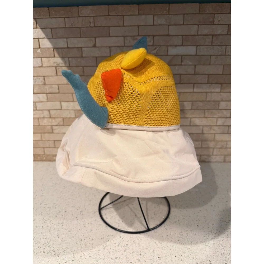 Kids Cartoon Monster Sun Bucket Hat Breathable Mesh Yellow Beige Chin Strap